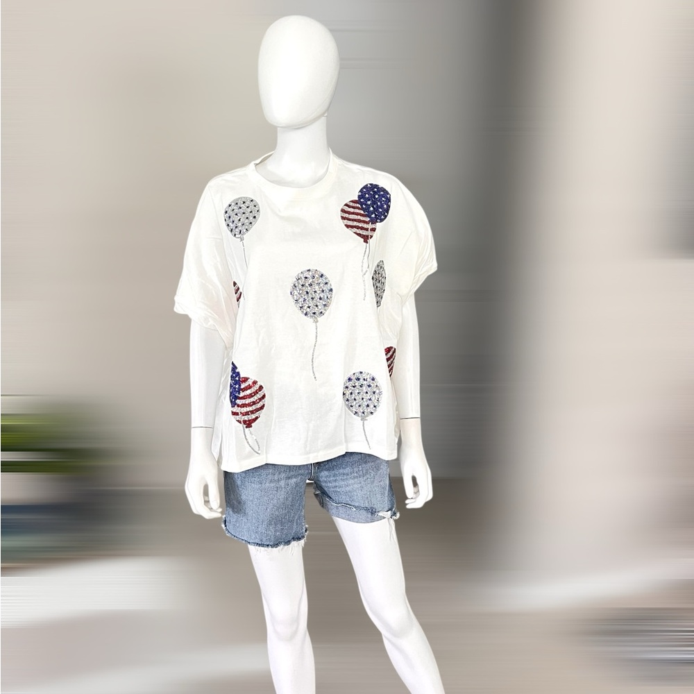 PEACH LOVE CALIFORNIA patriotic sequin balloons oversized tee S M L - Picture 5 of 9